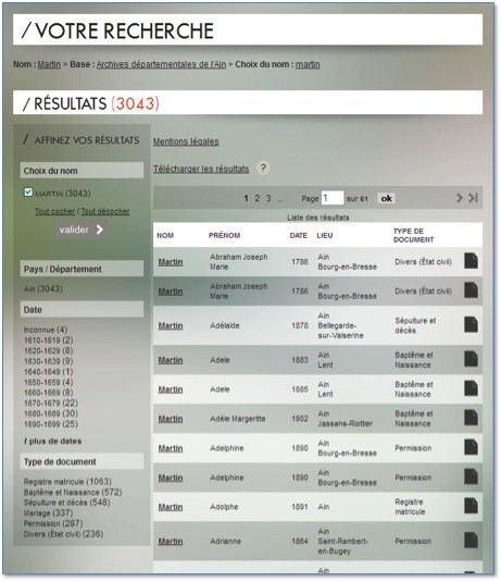 Portail Généalogie - extrait de réponses à une requête