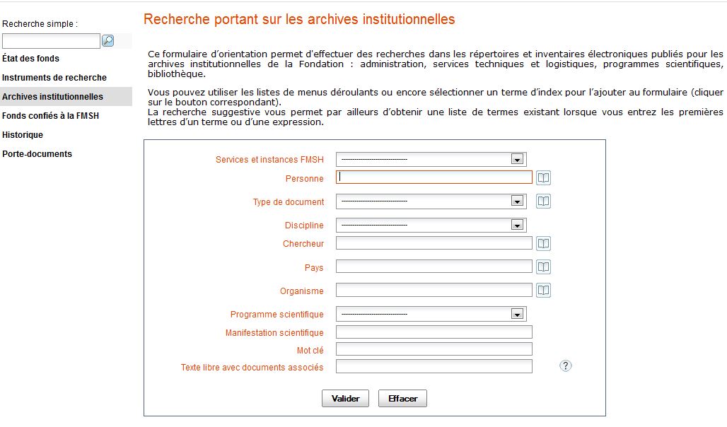 Formulaire de recherche dans les archives institutionnelles
