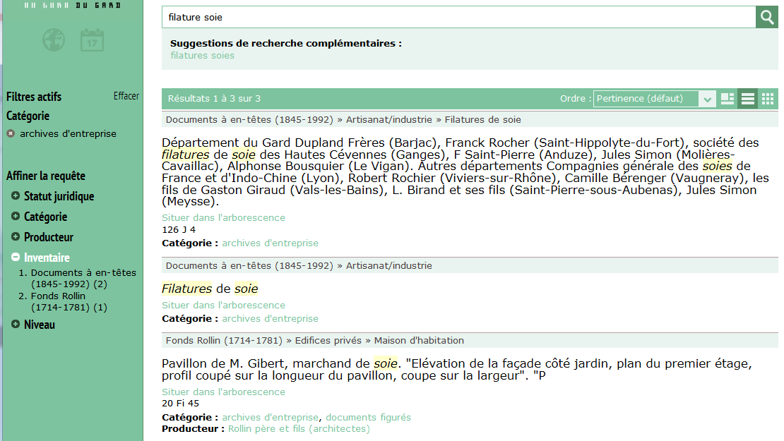 filtrage sur la facette Categorie