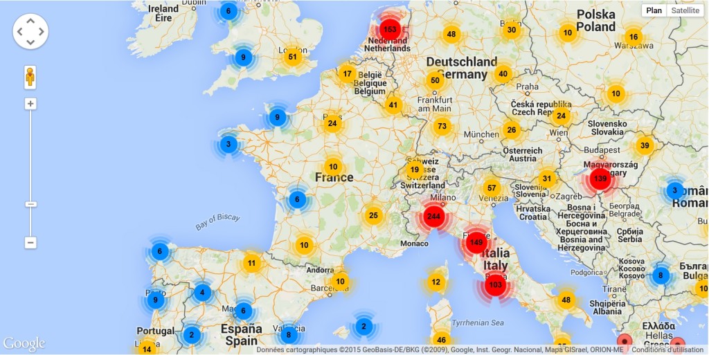 Cartographie, à l’échelle de l’Europe, des institutions participant au portail européen des archives sur la page annuaire du site