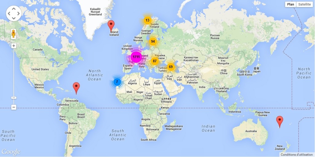 Cartographie, à l’échelle du monde, des institutions participant au portail européen des archives sur la page annuaire du site