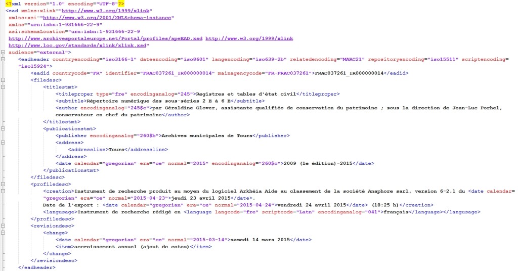 Premières lignes d’un instrument de recherche au format apeEAD généré par Arkhéïa Aide au classement