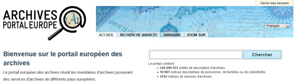 Formulaire de recherche simple sur la page d'accueil du portail européen des archives