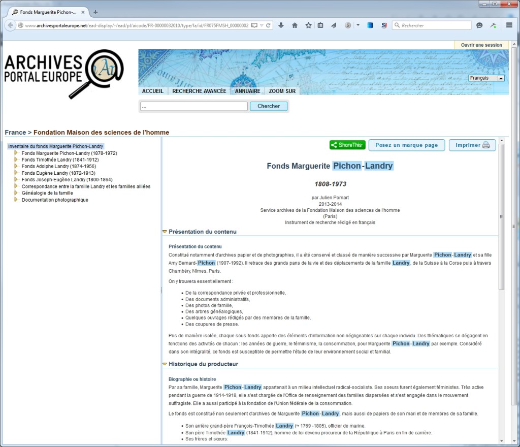 Affichage d'un inventaire dans le portail européen des archives