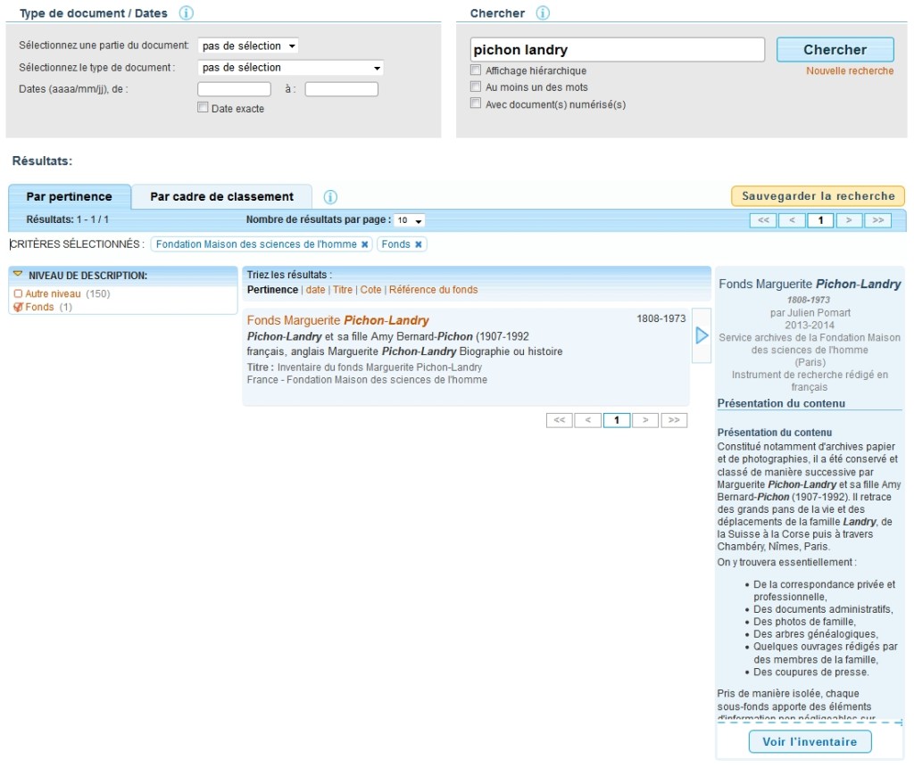 Résultat d'une requête dans le portail européen des archives